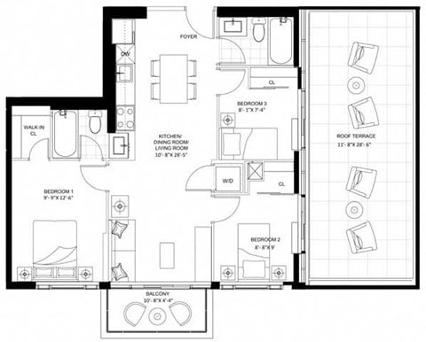 Floor plan for 3 beds, 2 baths, 804 sqft